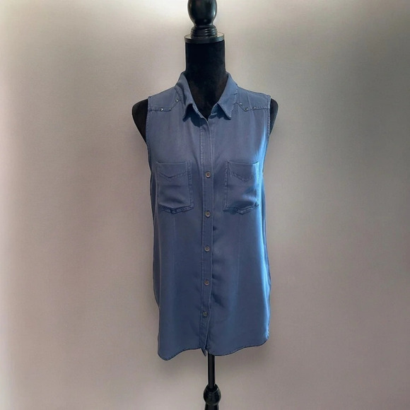 Rock & Republic M dusty blue button front sleeves high low tunic  stud accent - Picture 1 of 7